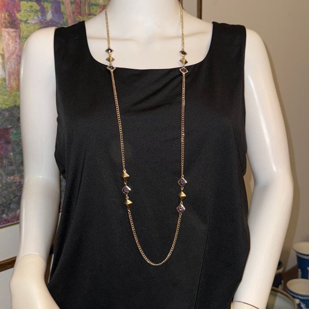 Chico's Gold and Blue Rhinestone Long Necklace New